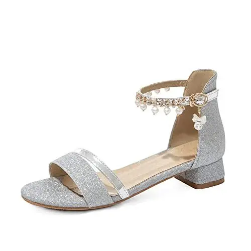 Produktbild: Yawors Damen LC965 Flache Sandale mit Peep Toe Glitter Anhänger Silber - 35 EU