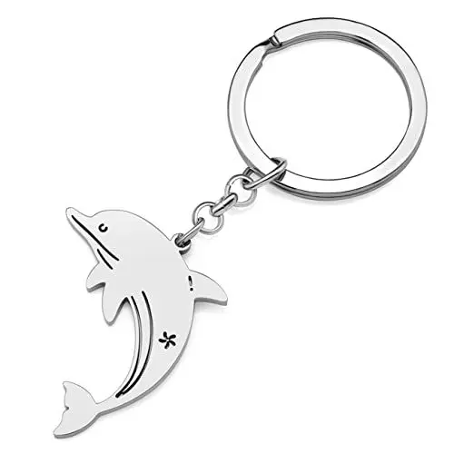 Produktbild: YAYAKO Edelstahl Hai Schlüsselanhänger Schildkröte Delphin Krabbe Seepferdchen Ozean Tiere Geschenke für Frauen Mädchen Tasche Autoschlüssel (Versilbert Delfin Schlüsselanhänger)