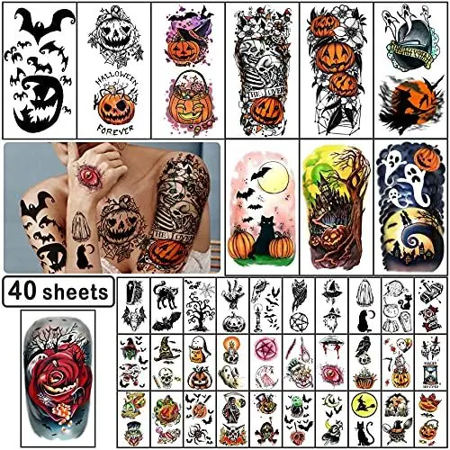 Produktbild: Yazhiji 40 Blatt Halloween Temporäre Tattoos - Kürbis, Hexe, Zuckerschädel Set für Frauen, Männer, Jungen und Mädchen - Wasserdichte Zombie Make-up, Narbe Tattoos für Partys
