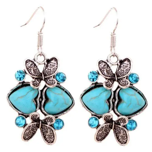 Produktbild: Yazilind Schmuck Charming Kristall Schmetterling tibetischen Silber Herz -Tropfen baumeln Ohrringe Geschenk