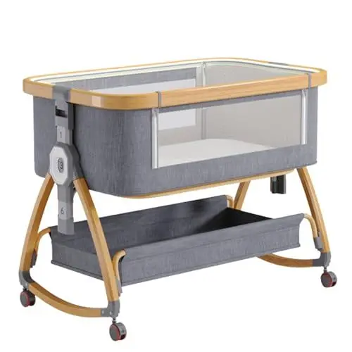 Produktbild: YAZOCO Beistellbett 3 in1 Babybetten Tragbar Babybett mit atmungsaktivem Netz und Laken, Verstellbarer Stubenwagen Beistellbett mit Aufbewahrungskorb (Hohe Version grau)