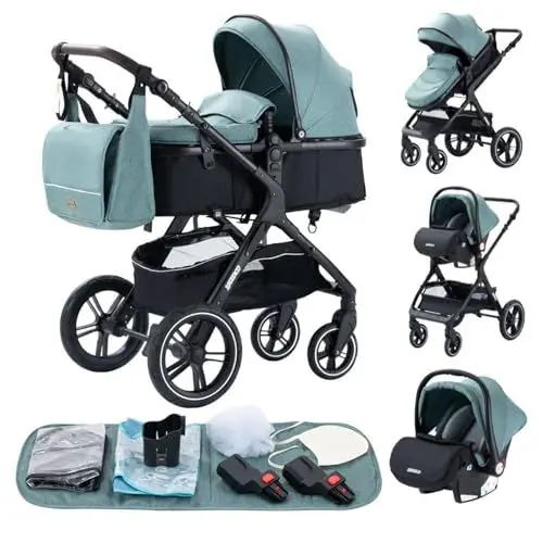 Produktbild: YAZOCO Kompakter 3 in 1Kinderwagen Anstout Terrain Luxus Hohe Landschaft Vierfacher Kinderwagen 0-36kg Faltbarer Gehstock Baby Kinderwagen Komfort Autositz Zubehör (Grün)
