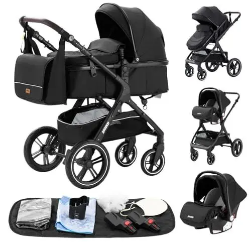 Produktbild: YAZOCO kinderwagen, kinderwagen 3 in 1 Kombikinderwagen reisesysteme mit Moskitonetz Regenschutz Fußsack, Zusammenklappen, Liegeposition