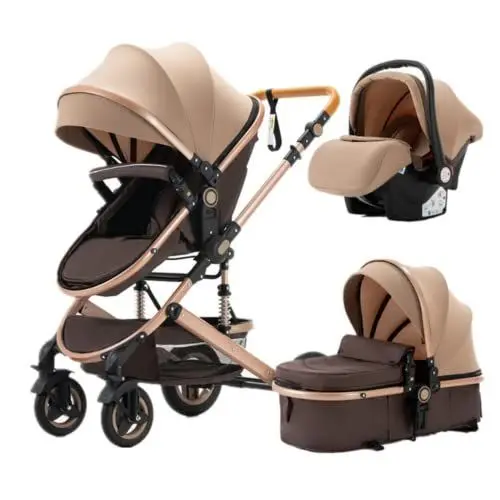 Produktbild: YAZOCO kinderwagen 3 in 1 Buggy Babybett Komplett Set Einem Klick Zusammenklappbarer Kinderwagen, KombiKinderwagen Aluminiumrahmen für Neugeborene (Khaki)