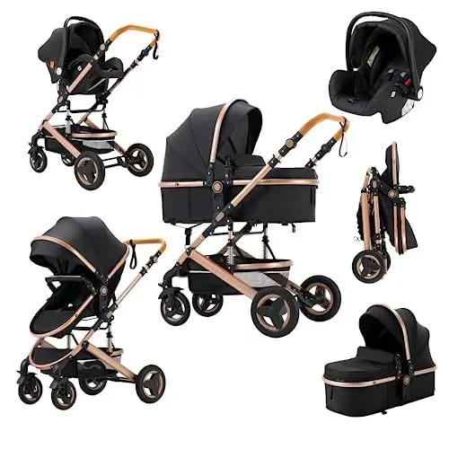 Produktbild: YAZOCO kinderwagen 3 in 1 Buggy Babybett Komplett Set Einem Klick Zusammenklappbarer Kinderwagen, KombiKinderwagen Aluminiumrahmen für Neugeborene (Schwarz)