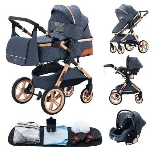Produktbild: YAZOCO kinderwagen 3 in 1, Zusammenklappbar kinderwagen Komplettset Becherhalter, Moskitonetz, Fußabdeckung Für Baby Erstausstattung Neugeborene (5 Blau)