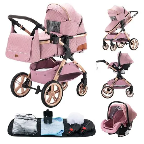 Produktbild: YAZOCO kinderwagen 3 in 1, Zusammenklappbar kinderwagen mit Wickeltasche,Komplettset Becherhalter,Moskitonetz, Fußabdeckung,Sitzzubehör (5 Rosa)