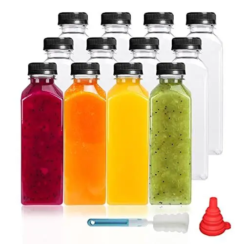 Produktbild: YBCPACK 12 Stück 500ml Kunststoff Saftflaschen zum Befüllen， Wiederverwendbare Leere Smoothie Flasche inklusive Reinigungsbürste und Silikontrichter, Ideal für Mini-Kühlschrank und Juicer Shots