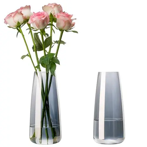 Produktbild: YBCPACK Blumenvase Glas 22cm Hoch – Halbtransparentes Grau Moderne Vase für Tulpen/Rosen, Büro & Wohnzimmer Dekor（2er Set）