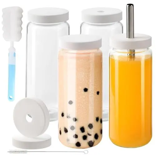 Produktbild: YBCPACK 500 ml Glasflaschen zum Befüllen mit Deckel und Strohhalm (4er-Pack) - Wiederverwendbare Smoothie Flaschen Glas - Saftflaschen für Boba, kombucha, Eiskaffe und Smoothie Becher to go