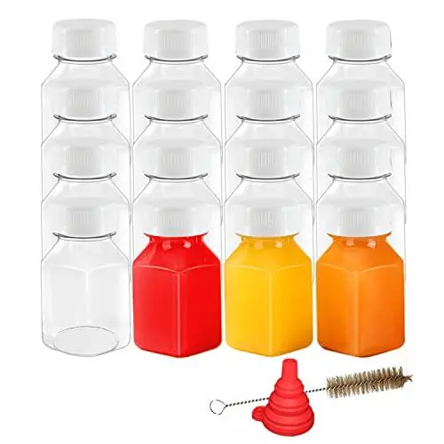 Produktbild: YBCPACK Kleine Shot Flaschen zum Befüllen 16 Stück - 125ml Leere Mini Plastik Flaschen mit Deckel für ingwer, Säften und Smoothie - Inklusive Trichter und Bürste