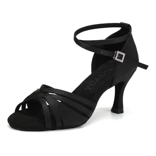 Produktbild: YCALCP Tanzschuhe Damen Latein Satin Professionelle Salsa Bachata Ballsaal Standard Tanzschuhe Performance Schuhe,L3049-Schwarz-7.5cm,EU 39