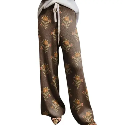 Produktbild: YCBMINGCAN Damen Sale Karierte Hose Damen Bequeme Strickhose Damen mit Floralem Kunstdruck Schlafanzughosen für Damen Stoffhose Elegant Pyjamahose Damen Winterhose Baggy Sweathose