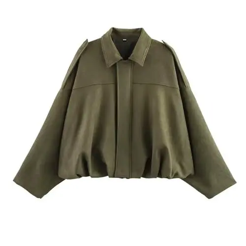 Produktbild: Uwdiohq Wildlederjacke Damen Kurz, Oversized Wildlederimitat Bomberjacke, Frühlingsrevers, Streetwear Winterjacke für Herbst Übergangszeit, Lässig, Lange Ärmel, Kurze Lederjacke(Grün,M)