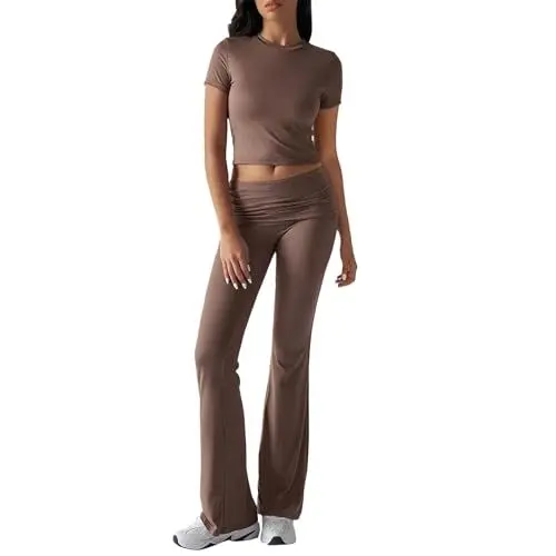 Produktbild: YCBMINGCAN Meine Bestellungen Hausanzug Damen Sommer Lounge Set 2 Teiler Damen Zweiteiler Kurzarm Oberteil mit Breitem Elastischem Hosenbund Schlaghose Loungewear Set Yoga Gym Sport Outfit,