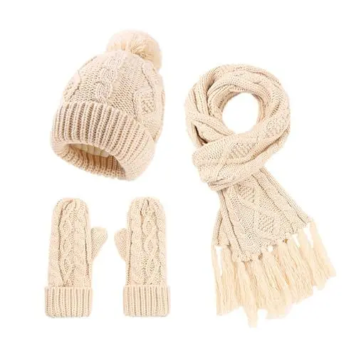 Produktbild: YCBMINGCAN Mütze Schal Handschuh Sets Für Damen 3 In 1 Set Winter Gestrickte Warme Mütze Fleece Gefütterte Touchscreen Handschuhe Mit Schal Und Winterhandschuhen Weihnachten Geschenk Für Frauen