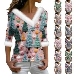 Produktbild: YCBMINGCAN Sale Damen Bekleidung Weihnachtspullover Damen Lustig Weihnachtsshirt Damen Weihnachtspullover Christmas Oberteile Tops Plush Collar Cuffs Christmas Tree Print Weihnachten Pullover