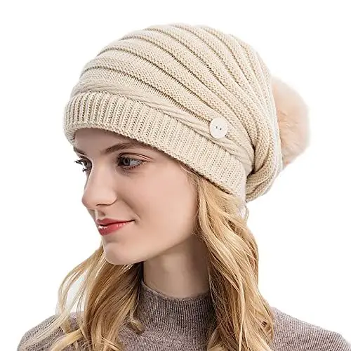 Produktbild: YCBMINGCAN Weihnachtsmütze Herren Wollmütze Wickelmütze Warmer Ohrenschutz Winddichte Strickmütze Haarballenmütze Schlupfmütze Kinder (Beige, One Size)