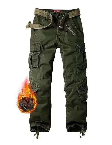 Produktbild: Ycfish Herren Cargohose Winter Winddicht Warm Fleece Gefüttert Baumwolle Wanderhose Multi Taschen Outdoorhose Combat Tactical Hose Arbeitshose Relaxed-Fit Trekkinghose Army Green 34