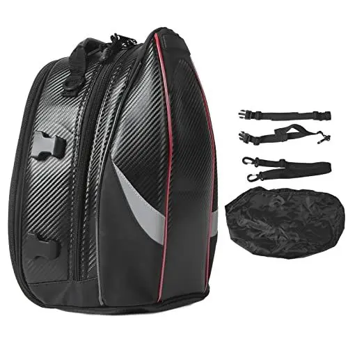 Produktbild: Yctze Motorrad Hecktasche PU PVC Schwarz und Rot Motorrad Rücksitztasche Hecktasche mit Regenschutz Wasserdicht 16‑21L Hohes Fassungsvermögen Leicht Starke Wasserbeständigkeit