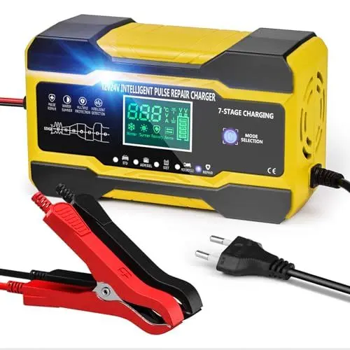 Produktbild: YDBAO Autobatterie Ladegerät 10A 12V 24V Intelligentes Ladegerät Autobatterie Mit LCD Touchscreen Mit Temperaturkompensation Mit Reparaturmodus KFZ Ladegerät für Auto Motorrad Rasenmäher Boot Gelb