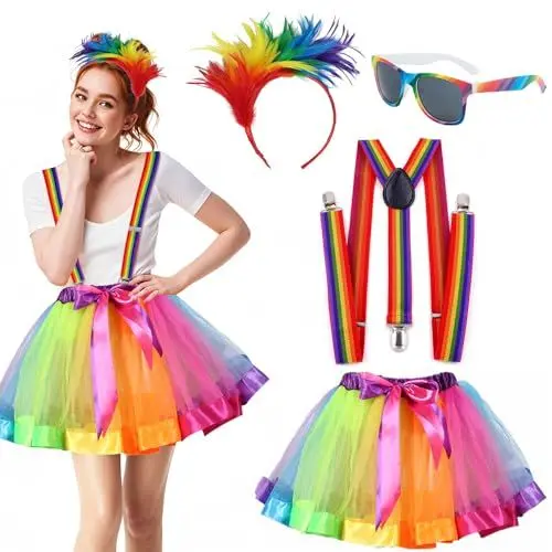 Produktbild: YeahBoom Regenbogen Tüllrock,Regenbogen Rock Tüll,Karneval Kostüm Damen,Elastischer Bund Tüllrock,Bunt Stirnband,Riemen,Regenbogen Kniestrümpfe,Fingerlose Handschuhe,Retro Brille