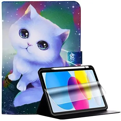 Produktbild: YEARN MALL Hülle Kompatibel mit iPad 10. Generation 2022 mit Bleistift Halter, iPad 10,9 Zoll Hülle Cover mit Auto Schlaf/Aufwach Funktion Schutzhülle und Display Schutz Folie, Weiße Katze