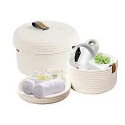 Produktbild: Yearonan 2 STÜCKE Kosmetik Aufbewahrungskorb mit Deckel Aufbewahrungsbox Natürliches Baumwollgarn Material Waschbarer Dekorativer Korb Lederetikett Griff Aufbewahrungskorb Set 30X17(cm)/25X13.5(cm)