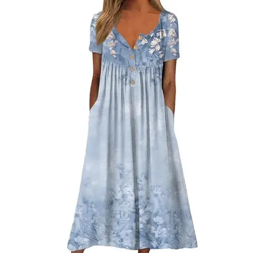 Produktbild: YEBIRAL meine bestellungen Luftige Sommerkleider Damen Kleid mit Blumendruck, kurzärmelig, lässig, Rundhalsausschnitt, Knopftaschen, Lange Strandkleider
