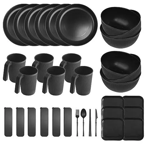 Produktbild: YEEBECA 67-Teiliges Geschirr-Set für 6 Personen, BPA-Freies Schwarzes Outdoor Set für Familienessen, Picknick und Camping