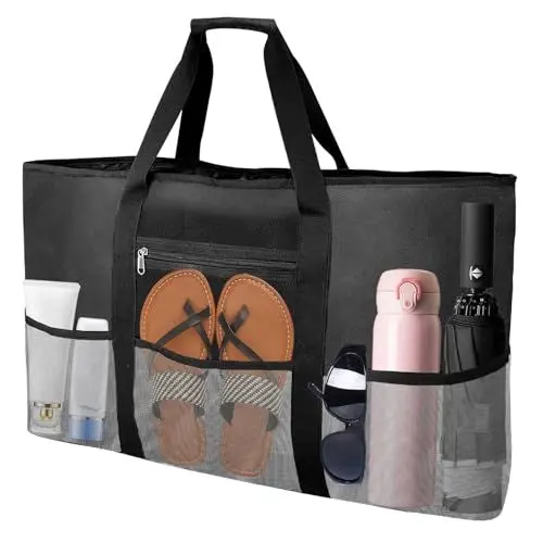 Produktbild: Yeelan Strandtasche XXL Familie, Mesh Strandtasche mit Reißverschluss Shopper-Damen Groß Badetasche,68x38cm Einkaufstasche,Große Tasche, Beach Bag für Strand Reisen Pool Fitnessstudio