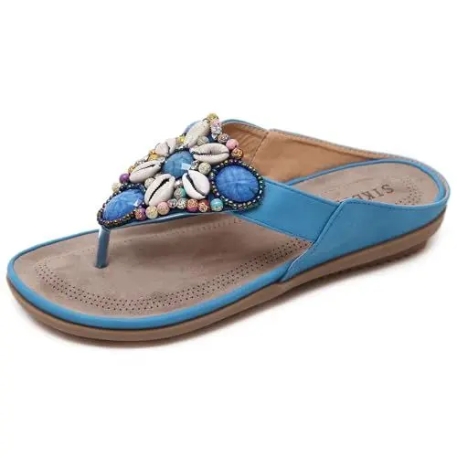 Produktbild: Yeeteepot Zehentrenner Damen Bohemian Flip Flops Sommer Flache Sandalen Badelatschen Strand Sandaletten Freizeit Zehenstegpantoletten Blau 36 EU = 37 CN