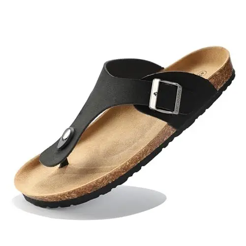Produktbild: Yeeteepot Zehentrenner Damen Herren Flip Flops Korkfußbett Sandalen Sommer Leicht Strand Pantoletten rutschfest Badelatschen mit Verstellbare Schnalle Schwarz 38 EU = 39 CN
