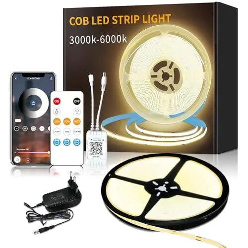 Produktbild: Yeewhale cob Led strip 10m,APP Steuerung,mit Fernbedienung,flexible Dimmbar cob LED Streifen, DC24V 3000k Warmweiß LED band, anwendbar auf Schlafzimmer, Raum,DIY Dekoration