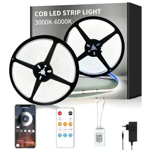 Produktbild: Yeewhale cob Led strip 15m,APP Steuerung,mit Fernbedienung,DC24V 6000k Weiß LED band,flexible Dimmbar cob LED Streifen,anwendbar auf Schlafzimmer, Raum,DIY Dekoration