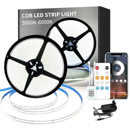 Produktbild: Yeewhale cob Led strip 20m,mit Fernbedienung,APP Steuerung,DC24V 6000k Weiß LED band,flexible Dimmbar COB LED Streifen,anwendbar auf Schlafzimmer, Raum,DIY Dekoration