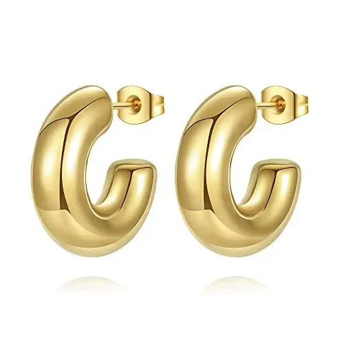 Produktbild: YeGieonr Chunky Gold Ohrringe für Damen, Leichte Edelstahl Hohle Offene Creolen mit 18K Echtem Vergoldete, Hypoallergen Modeschmuckgeschenke für Frauen und Mädchen