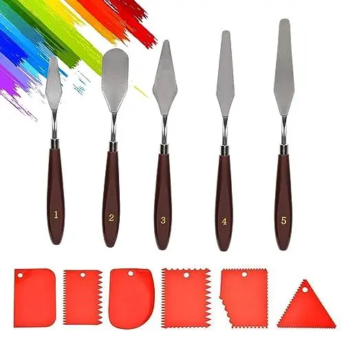 Produktbild: YEJAHY 11 Stück Palette Messer Set,5 Öl Malen Palettenmesser + 6 Stücke Abstreifermesser,Edelstahl Ölmalerei Malmesser,Acryl Spachtel,für Ölgemälde, Gouache