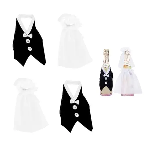 Produktbild: YEJAHY 4 Stück Hochzeits Weinflaschen Set Für Paare, Flaschendeko Braut Und Bräutigam, Weinflasche Taschen Für Hochzeit Tischdeko, Hochzeits, Junggesellinnenabschied, Verlobungs