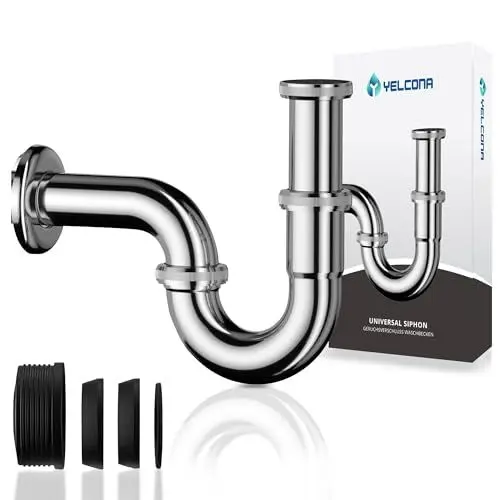 Produktbild: Yelcona Universal Siphon für Waschbecken & Waschtisch - Abflussgarnitur passgenau - Geruchsverschluss inkl. Gummimanschette + Röhrensiphon Ablaufgarnitur (Standard 85mm)