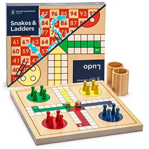 Produktbild: Yellow Mountain Imports 2-in-1 Schlangen und Leitern, und Ludo Spielset aus Holz - 29 Zentimeter
