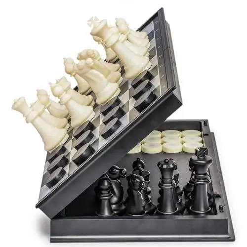 Produktbild: Yellow Mountain Imports Großes Magnetisches 2-in-1 Reiseschach- & Dame-Spiele-Set - 36 Zentimeter