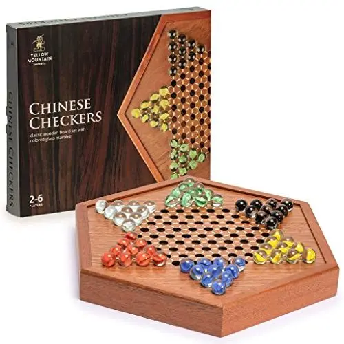 Produktbild: Yellow Mountain Imports Hölzernes Chinesisches Dame Brettspiel-Set mit Schubladen und Bunten Glasmurmeln - 32,2 Zentimeter