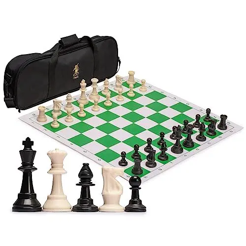 Produktbild: Yellow Mountain Imports Reguläres Aufrollbares Staunton-Turnierschach-Set (49 cm) mit Reisetasche, 2 Extra-Damen und gewichteten Schachfiguren - Schwarz