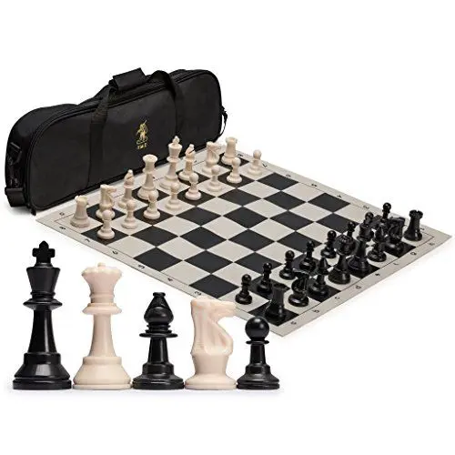 Produktbild: Yellow Mountain Imports Reguläres Aufrollbares Staunton-Turnierschach-Set (50,16 cm) mit Reisetasche, 2 Extra-Damen und gewichteten Schachfiguren - Schwarz