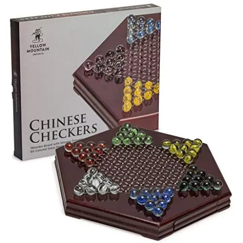 Produktbild: Yellow Mountain importiert Brettspielset aus Holz mit chinesischen Schachbrettmuster (30.5cm) mit Aufbewahrungsschublade und 60 farbigen Glasmurmeln (14 mm) - Klassisches Strategiespiel