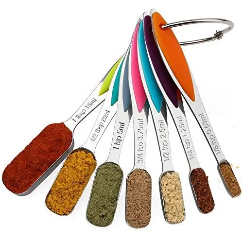 Produktbild: YellRin Messlöffel-Set aus Edelstahl, mit langem Griff, stapelbar, robust, aus Metall, 7 Stück