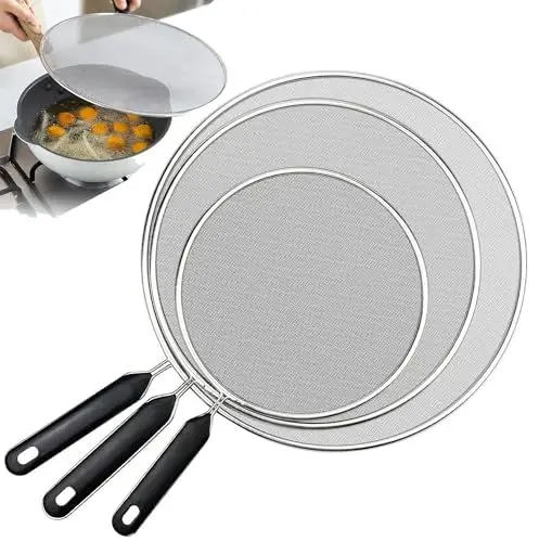 Produktbild: YEMAJIE 3 Stück Spritzschutz Pfannen, Edelstahl Pfanne Spritzdeckel Öl Proofing Deckel mit Handgriff Küchen Bratpfanne (25 cm, 29 cm, 33 cm Durchmesser) Passend für alle Topfarten