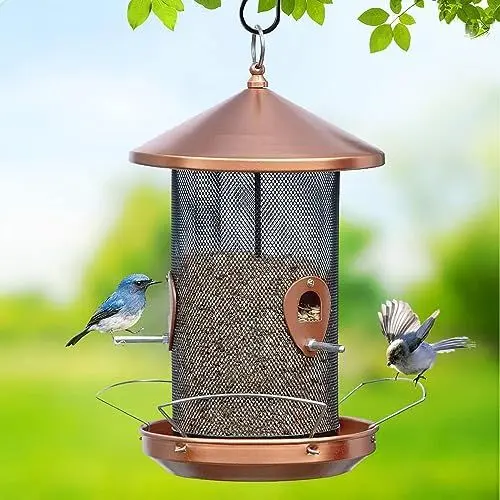 Produktbild: Yeomoo Groß Vogelfutterhäuschen für Wildvogel Garten Draußen - mit 32CM Metall Mesh Screen Vogelfutterhaus für Vogelfutter Vogelfutterstation zum Aufhängen Geschenke für Garten Terrasse Deko Kupfer
