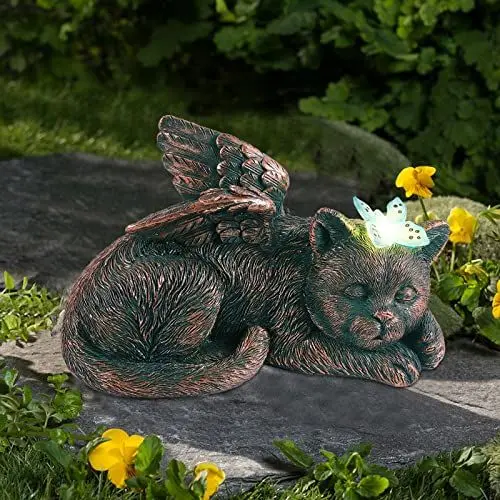 Produktbild: Yeomoo Katze Engel Solar Gartendeko Figuren für Außen mit Buttfly, Wetterfeste Tierstatue Balkon Deko, Schlafende Katze Solarbetrieben Figur Deko Grabschmuck Grabstein Geschenke für Frauen Mama Kupfer